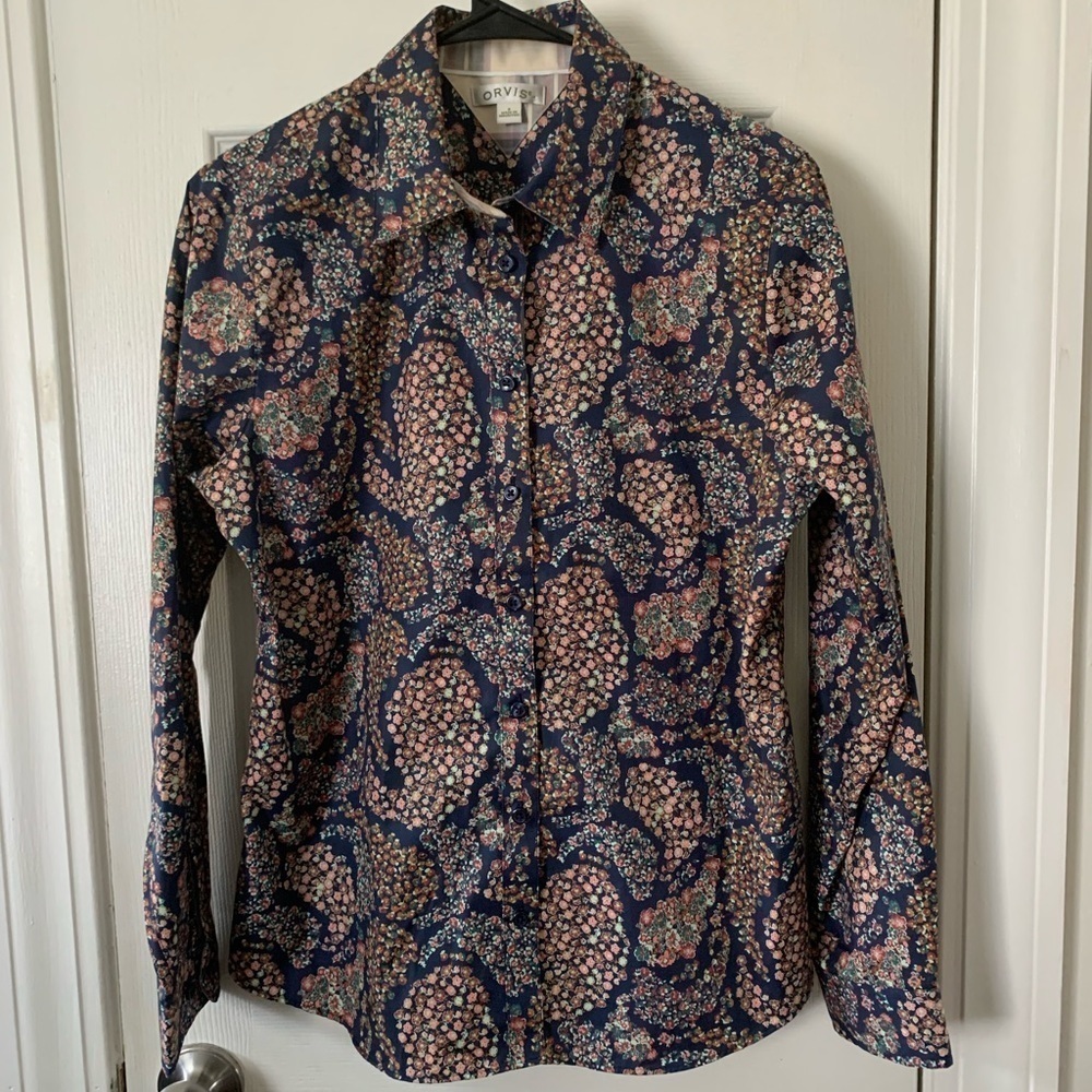 ORVIS Orange & Blue Paisley Print Shirt Size S #530